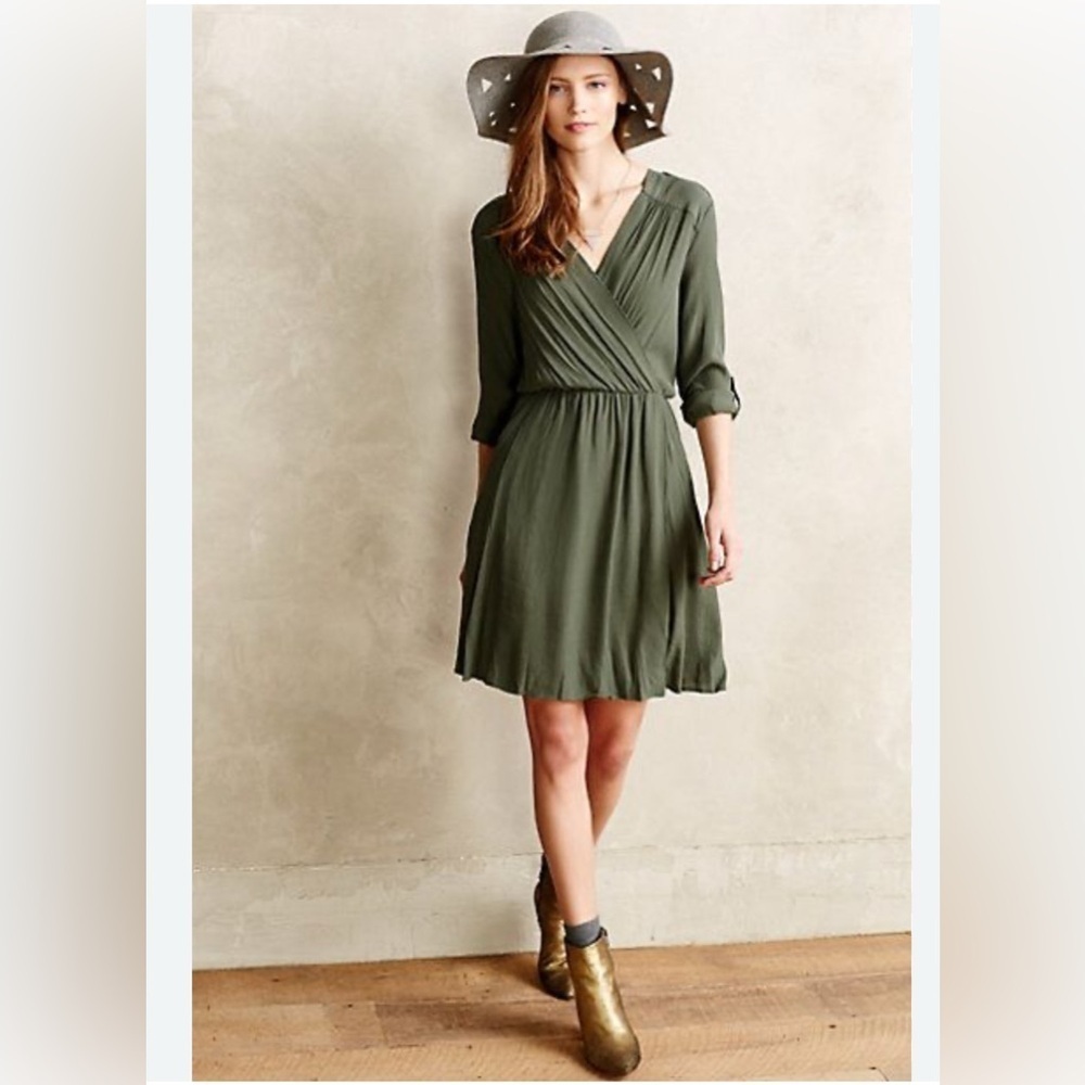 Maeve Green Wrap Sundress with Cuffed 3/4 Sleeves
